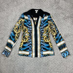 Y2K Cache Top Womens Medium Blue Gold Animal Silk Button Baroque Retro